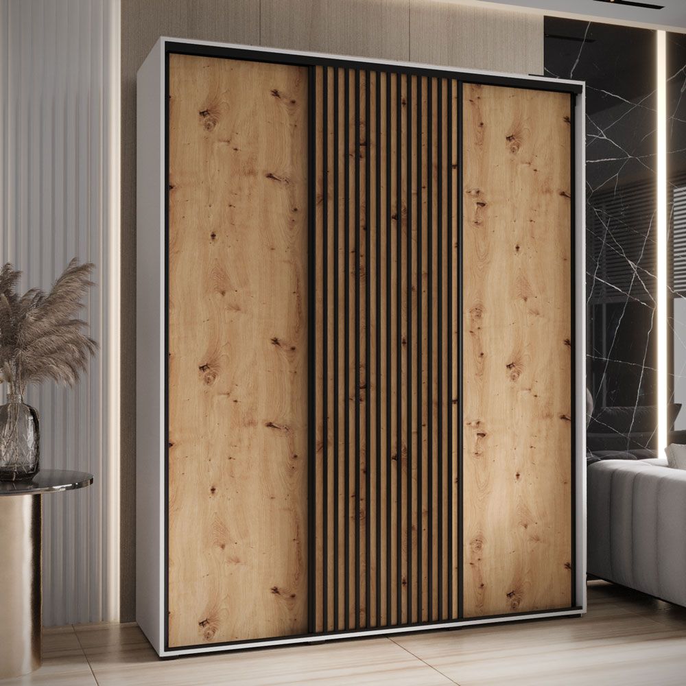 Kleiderschrank Mina mit Schiebetüren in Weiß/Eiche gehalten, Anti Staubbürsten, platzsparend, viel Stauraum, 235,2 x 190 x 60 cm, robust, moderne Optik