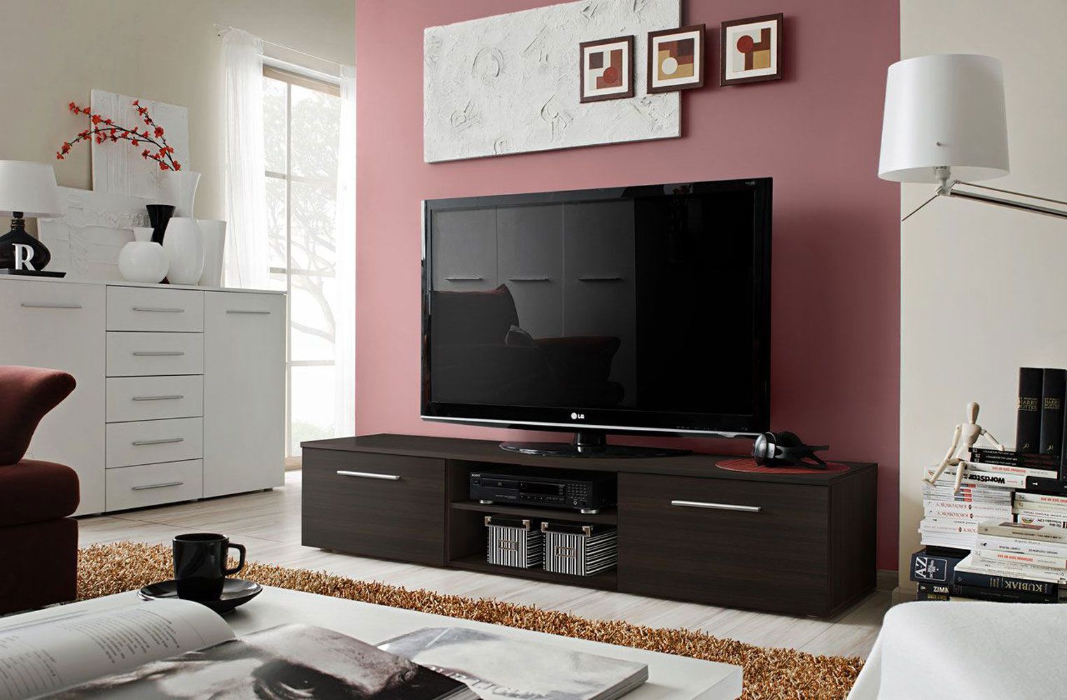 Schlichter TV-Unterschrank Salmeli 21, Farbe: Wenge - Abmessungen: 35 x 180 x 45 cm (H x B x T), mit zwei Türen