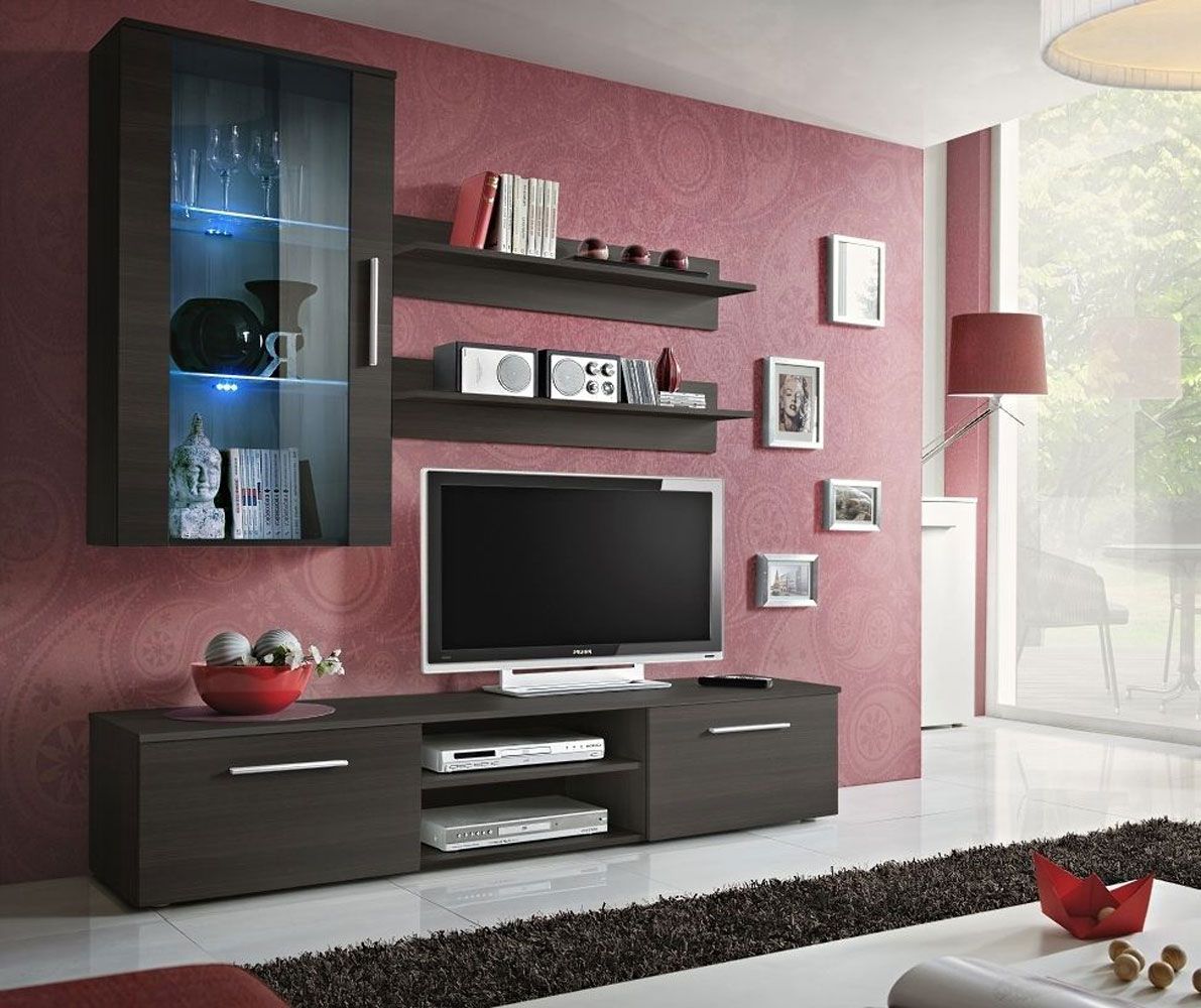 Moderne Wohnzimmerwand Elgane 09, Farbe: Wenge - Abmessungen: 190 x 180 x 45 cm (H x B x T), mit LED-Beleuchtung