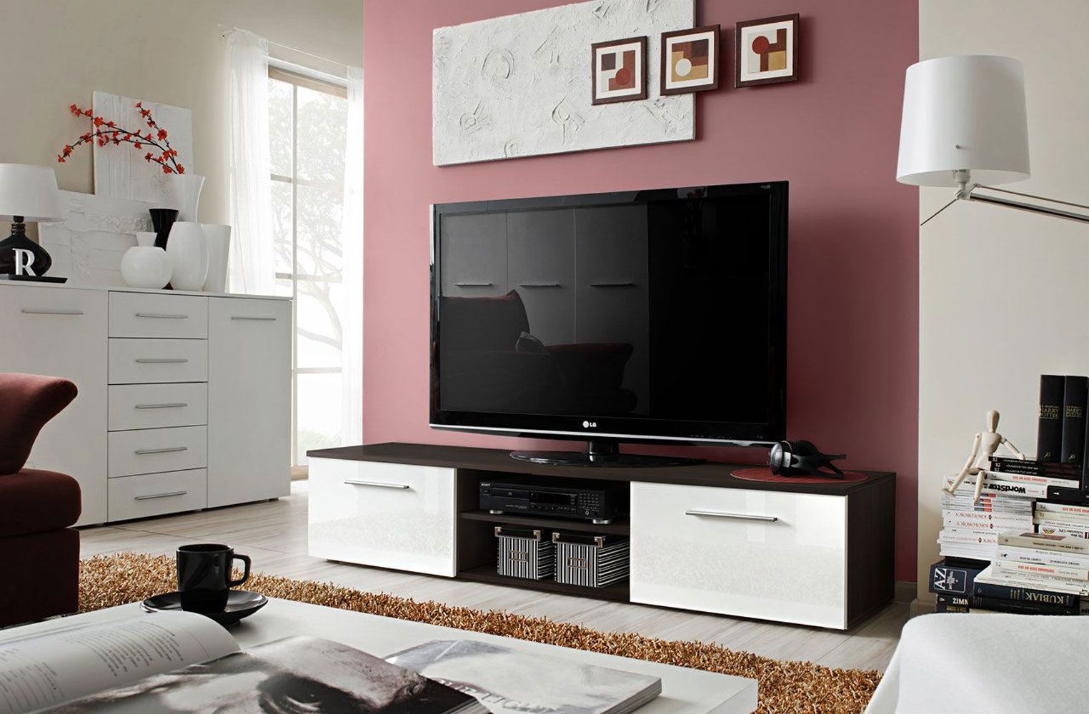 TV-Unterschrank Salmeli 26, Farbe: Weiß / Wenge - Abmessungen: 35 x 180 x 45 cm (H x B x T), mit vier Fächern
