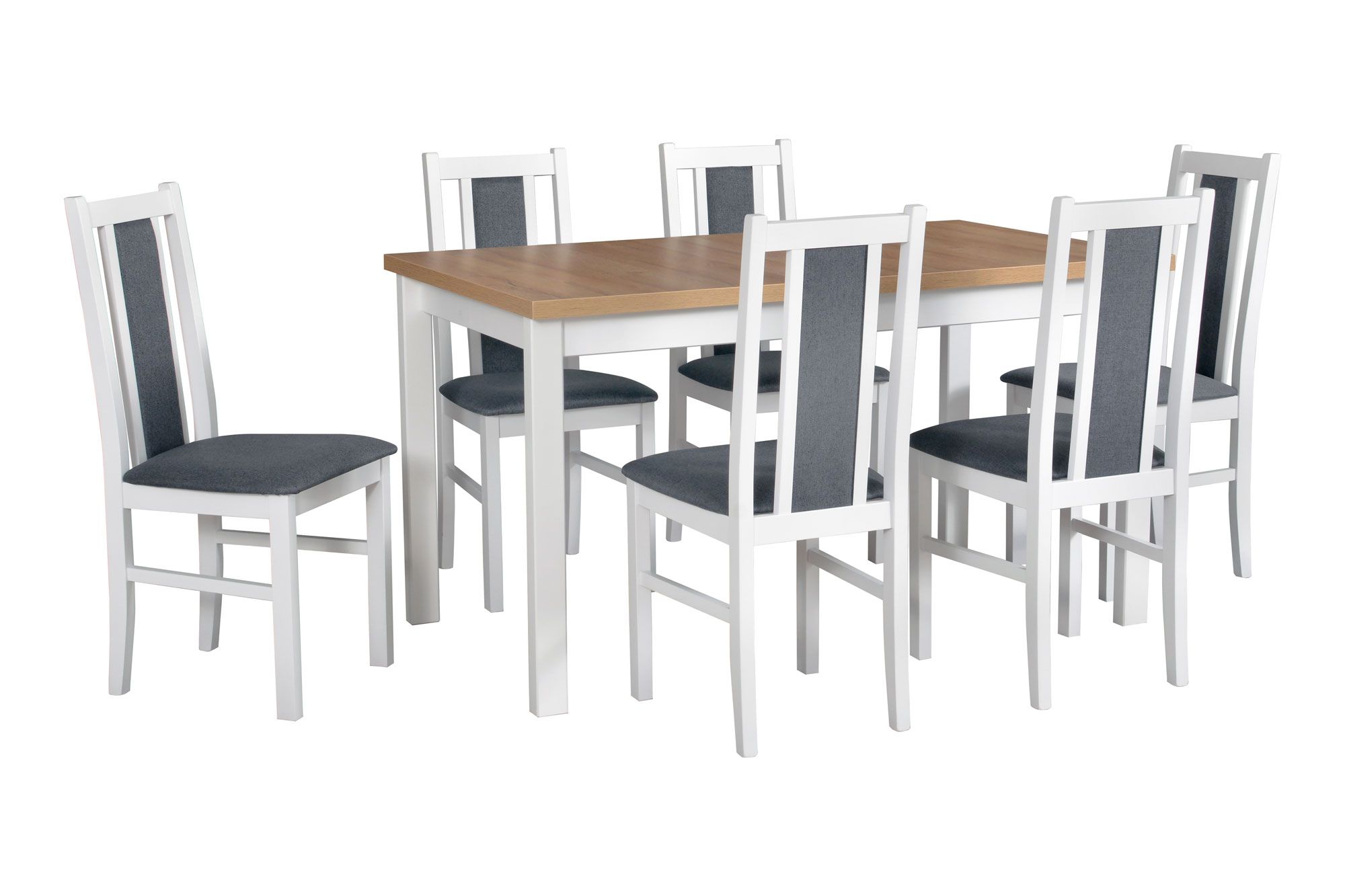 Esszimmer Komplett - Set J, 7 - teilig, großer Esstisch in Weiß/Eiche, 6 gepolsterte Holzstühle, modernes und einfaches Design, schöne Maserung