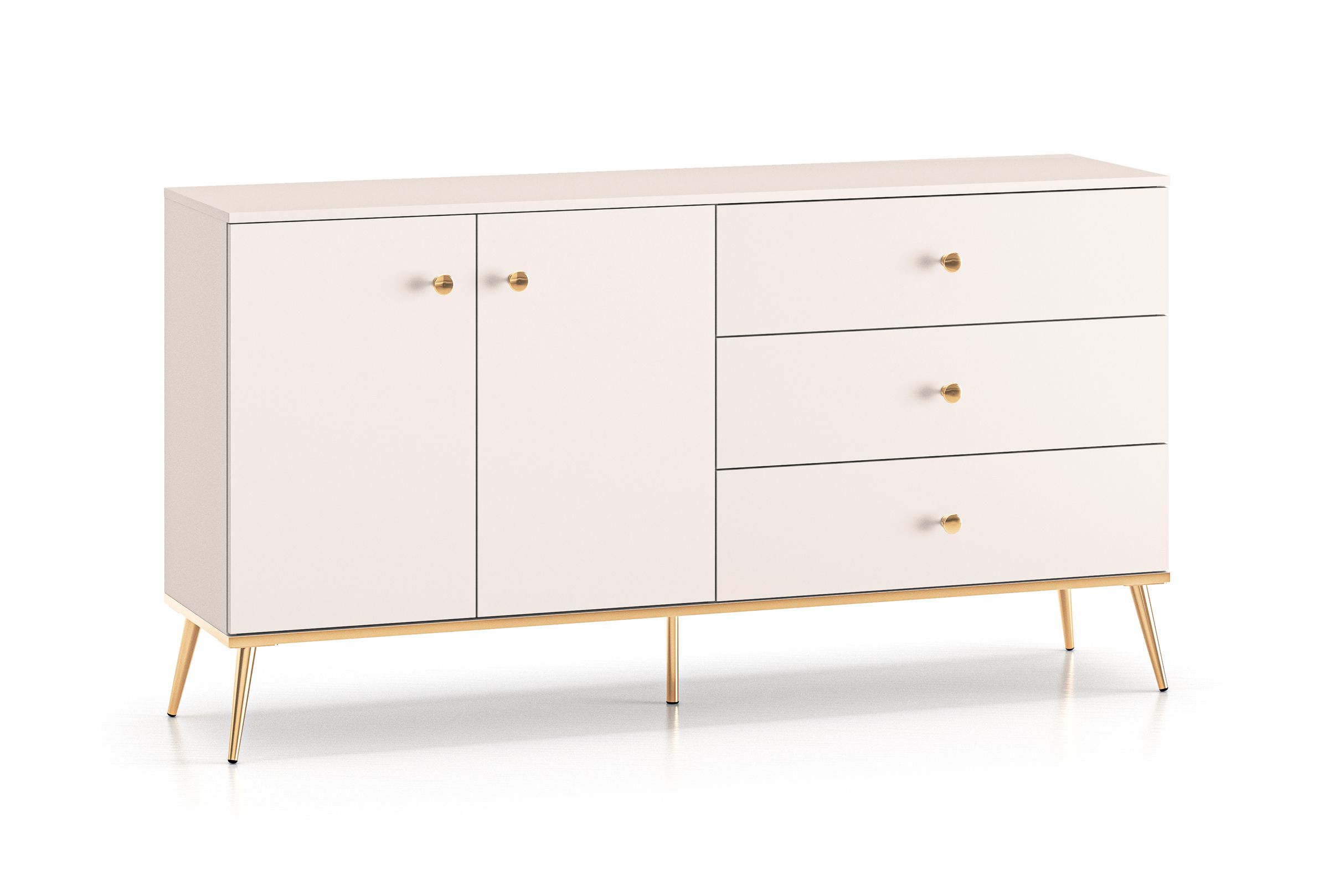 Helle Kommode / Sideboard Torpo 03, 2 Türen, Farbe: Kaschmir, Maße: 85 x 160 x 40 cm, goldene Akzente, 3 Vollauszug Schubladen, Soft-Close-System