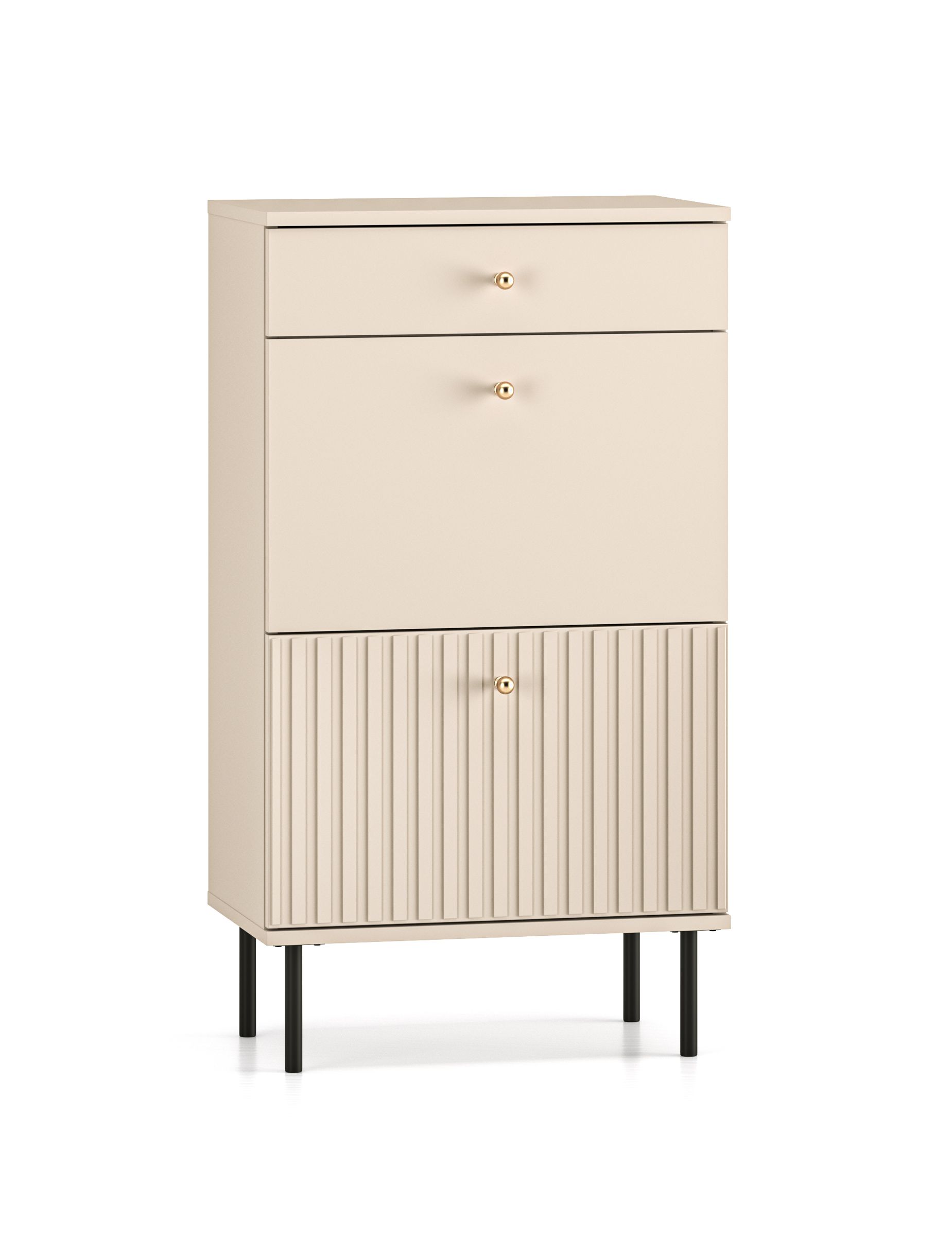 Eleganter Schuhschrank mit zwei Kipptüren Petkula 13, Farbe: Beige hell, vier Fächer, eine Schublade, Soft-Close Funktion, viel Stauraum, Griffe: Gold matt