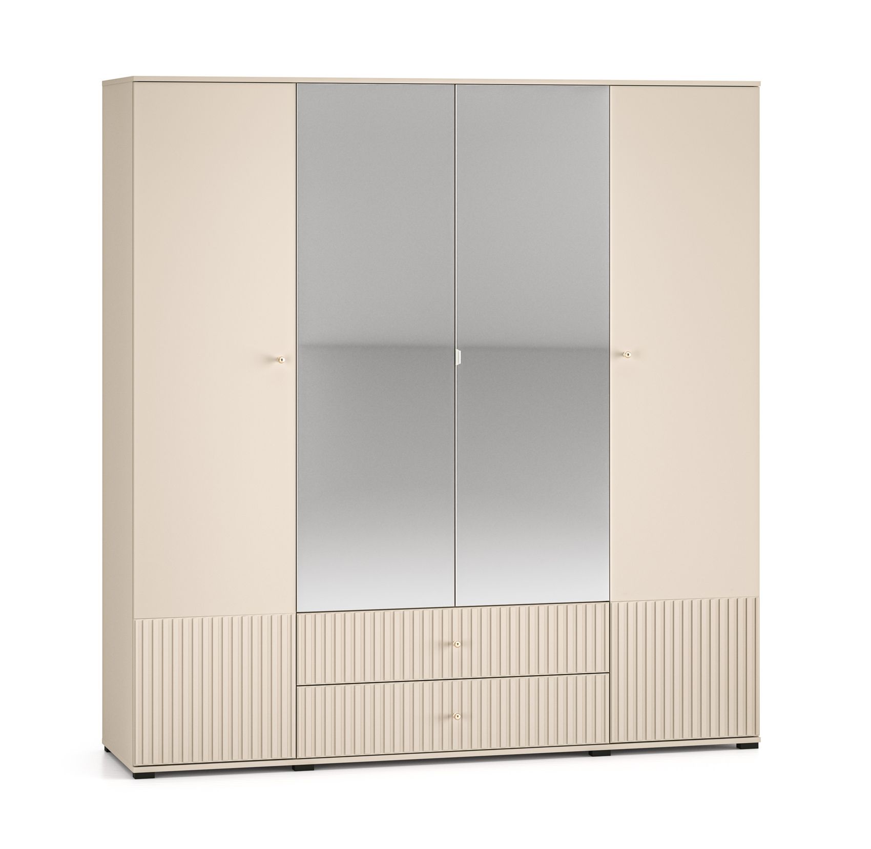 Breiter Kleiderschrank mit zwei Spiegeltüren Petkula 23, Farbe: Beige hell, mit modernen Lamellen Design, 2 Meter breit, zwei Schubladen, Soft-Close Funktion