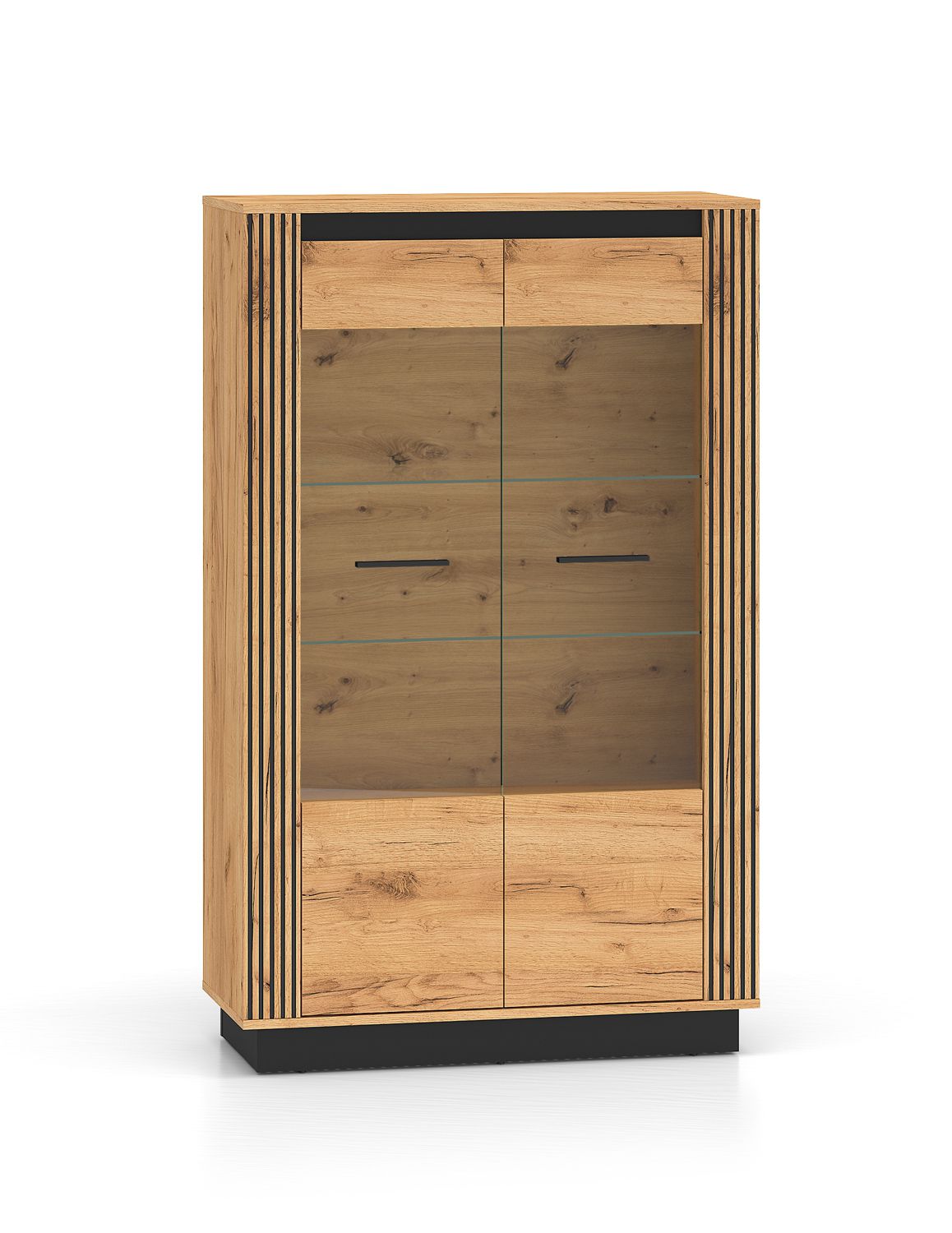 Breite Vitrine mit zwei Türen Dagali 05, Farbe: Eiche / Schwarz, Soft-Close-System, 2 Glaseinlegeböden, ABS-Kantenschutz, Maße: 141 x 92 x 40 cm, vier Fächer