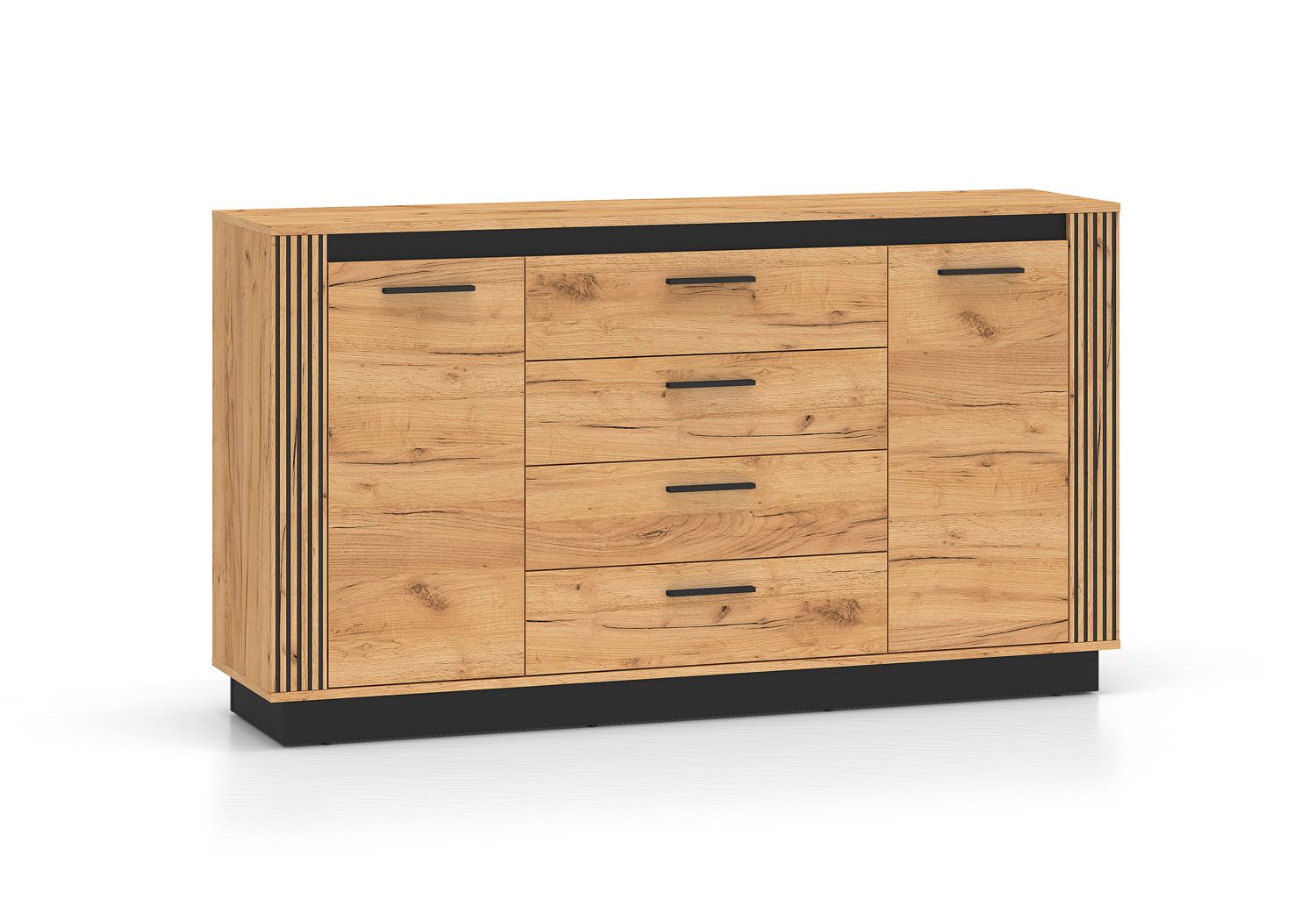 Sideboard / Kommode mit vier Schubladen Dagali 06, zwei Türen, Farbe: Eiche / Schwarz, Soft-Close Funktion, vier Fächer, ABS-Kantenschutz