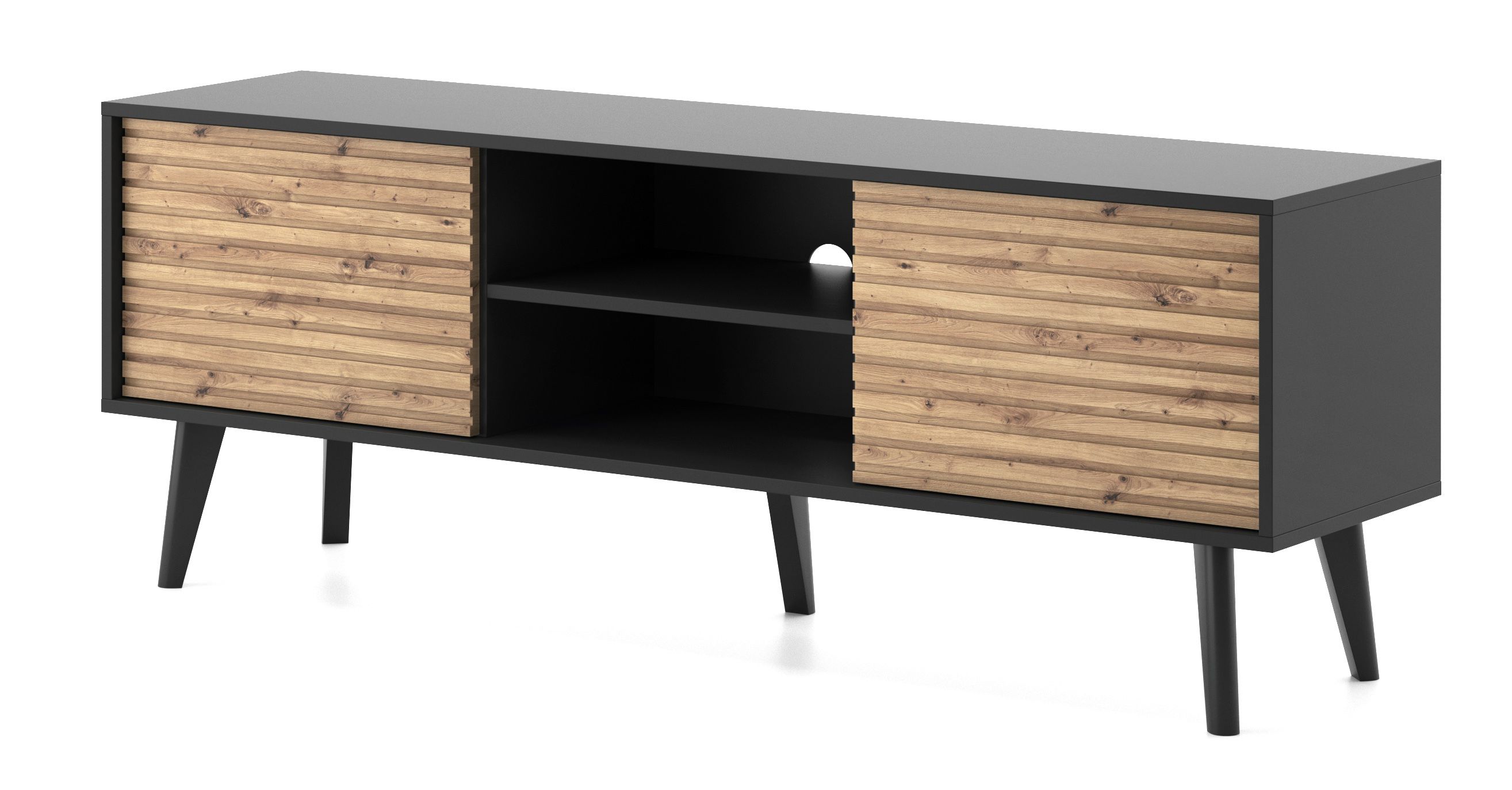 TV-Unterschrank mit zwei offene Fächer Banbury 05, Farbe: Eiche Artisan / Schwarz - Abmessungen: 56 x 154 x 39 cm (H x B x T)