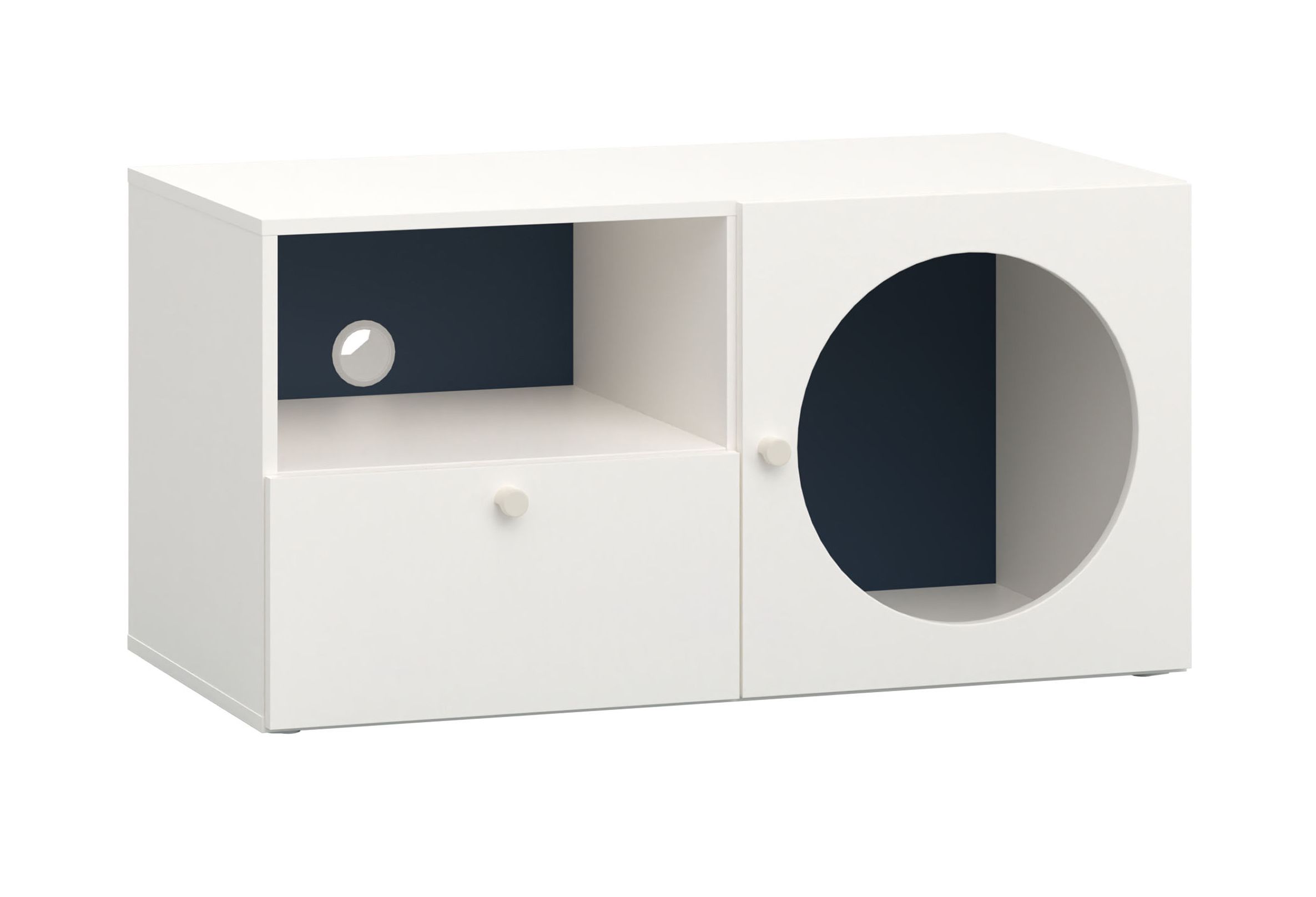 TV-Möbel / TV-Schrank im schlichten Design Aenna 104, Farbe: Weiß / Indigo, Maße: 51,5 x 101 x 46,5 cm, eine Tür, eine Schublade, zwei Fächer