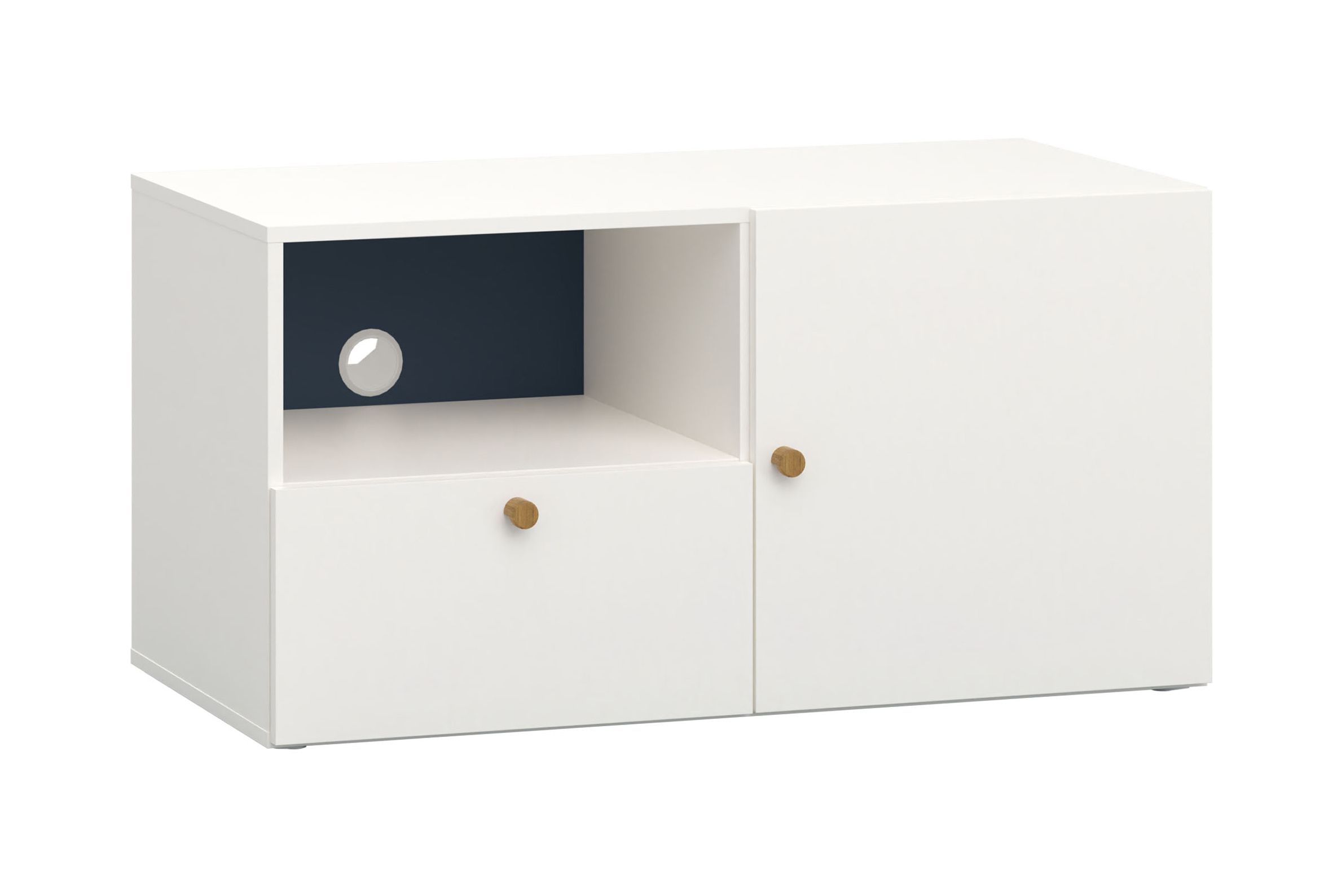 Schlichtes TV-Möbel / TV-Schrank mit einer Schublade Aenna 113, Farbe: Weiß / Indigo, Griffe: Eiche, Maße: 51,5 x 101 x 46,5 cm, zwei Fächer, ein Kabelloch