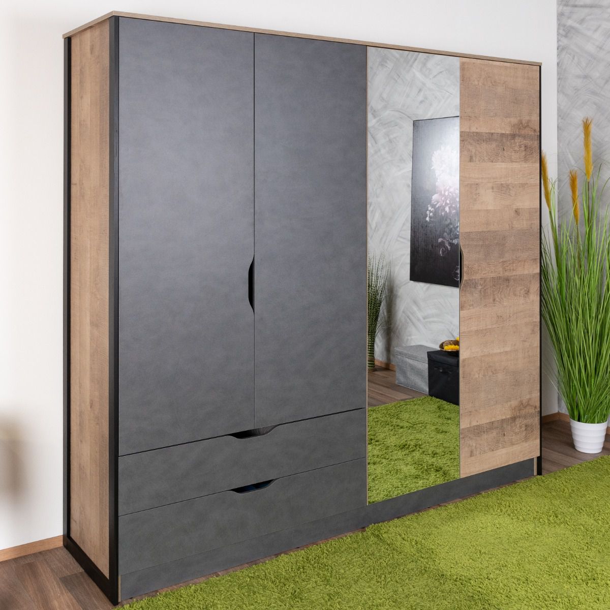 Drehtürenschrank / Kleiderschrank Bassatine 06, Farbe: Eiche rustikal / Grau / Schwarz - Abmessungen: 204 x 220 x 56 cm (H x B x T)