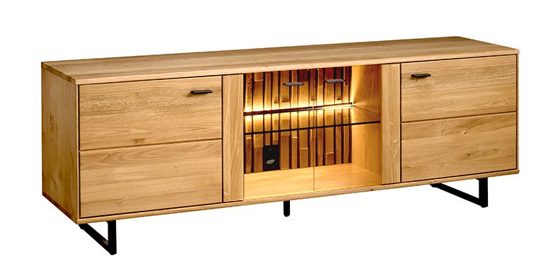 TV-Unterschrank Nobres 07 mit Soft-Close, Eiche / Natur, 62,5 x 180 x 49 cm, inkl. LED-Beleuchtung, geeignet für Staubsaugroboter, 4 Türen, 3 Einlegeböden