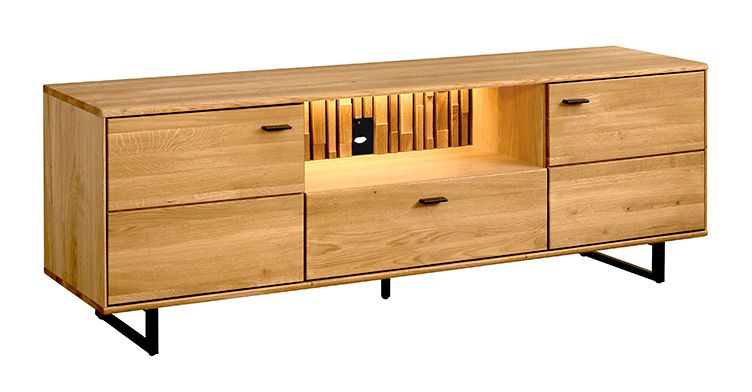 TV-Unterschrank Nobres 08 in Eiche / Natur, 62,5 x 180 x 49 cm, 1 offenes Fach, inkl. LED-Beleuchtung, dekorative Eichenlamellen, Soft-Close-System