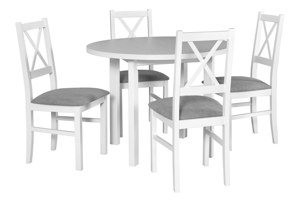 Esszimmer Komplett - Set V,  5 - teilig, einfaches Design, runder Esstisch in Weiß, 4 Weiße Holzstühle mit grauer Polsterung, Tischplatte laminiert