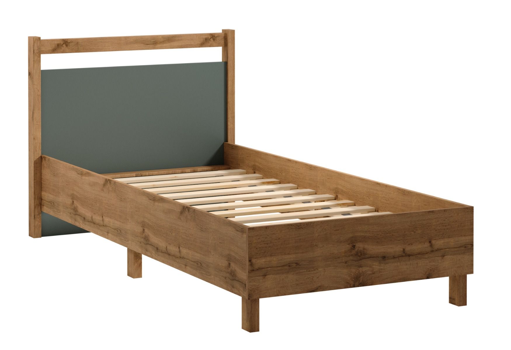 Einzelbett Braianik 23 für Schlafzimmer, ABS Kantenschutz, 92 x 101 x 207 cm, Liegefläche 90 x 200 cm, inklusive Lattenrost, Eiche Wotan / Grün, Füße 36 mm