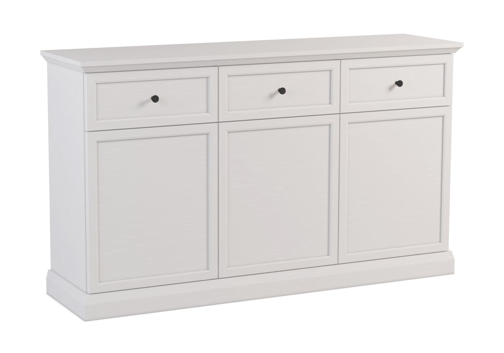Praktische Kommode/Sideboard Torsakala 02 in der Farbe: Weiß Opal mit 3 Schubladen, 3 Einlegeböden, 3 Türen, 86 x 146 x 40 cm, ABS Kantenschutz