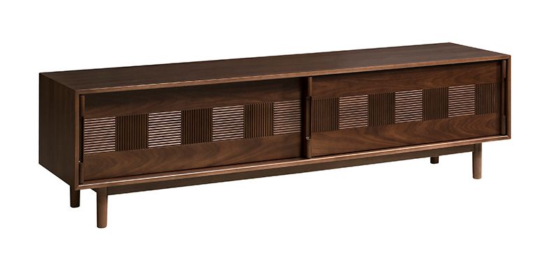 TV-Unterschrank Inginele 04 in Farbe Walnuss lackiert, 6 Fächer, 3 Einlegeböden, 2 Schubladen, 2 Schiebetüren, passend für Wohnzimmer,51 x 183 x 48 cm