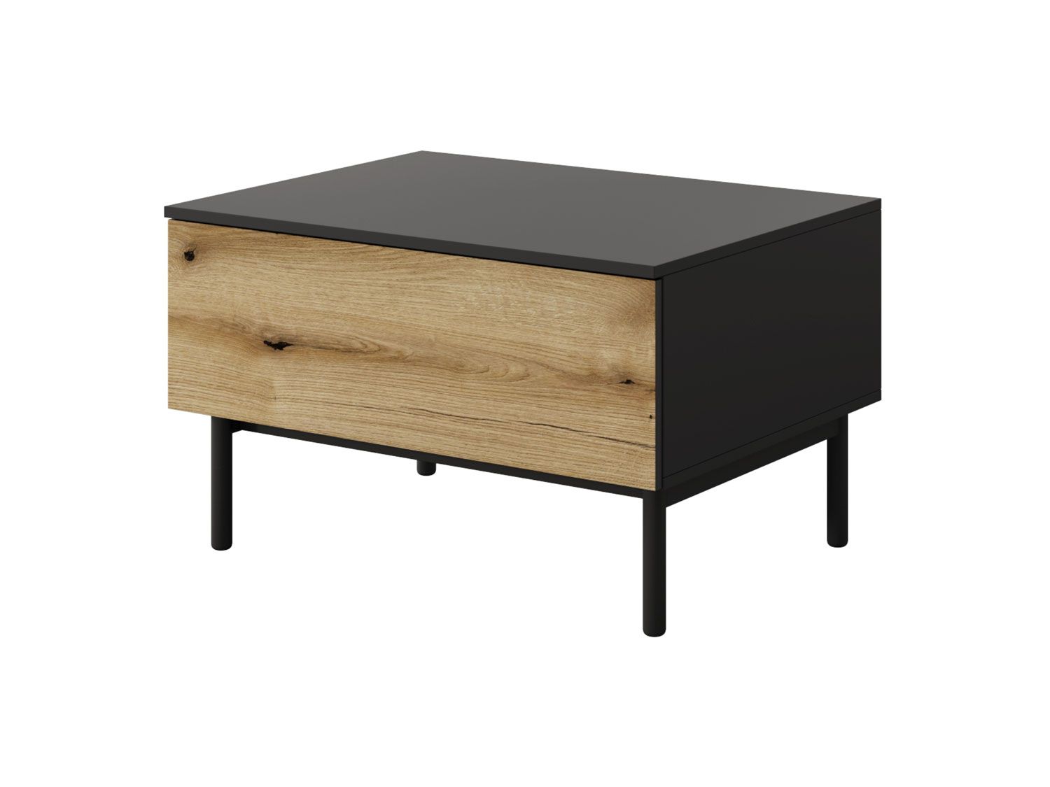 Schlichter Couchtisch mit Push-to-open Funktion Zeraoua 07, Farbe: Schwarz / Eiche, Maße: 48 x 80 x 60 cm, Beine: Holz, ABS-Kantenschutz, eine Schublade