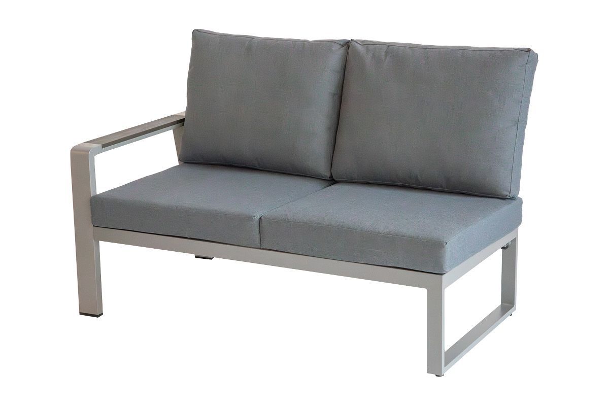 Garten Loungesofa Lissabon 2-Sitzer links aus Alu, Farbe: graualuminium, Stoff: dunkelgrau, Armlehnen aus stilvollem Polywood, Polsterung: Stärke 100 mm