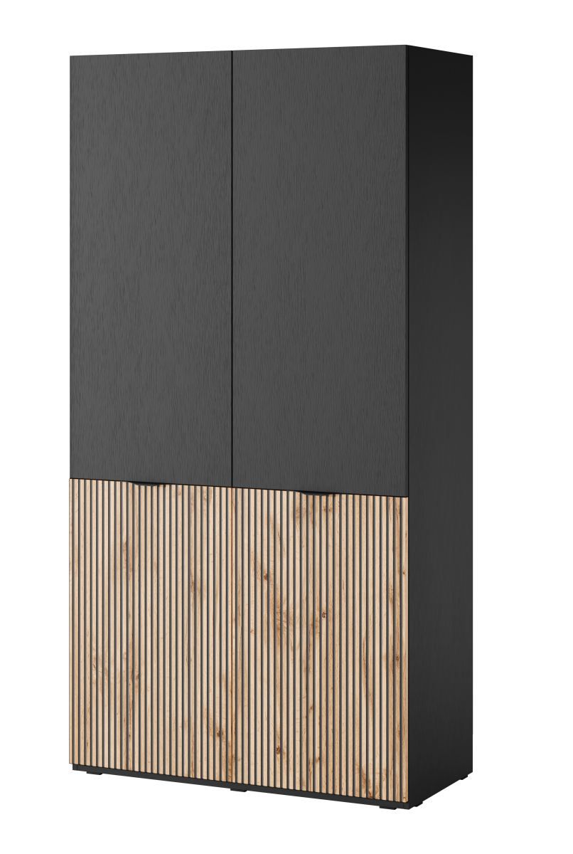 Kleiderschrank Bainton 01, Farbe: Schwarz / Eiche Wotan, 200 x 101 x 51 cm, 6 Fächer, 2 Kleiderstangen, viel Stauraum, elegantes Design, langlebig