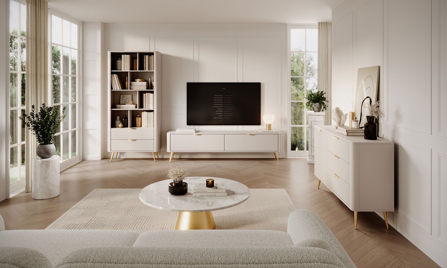 Wohnzimmer - Set A Sloughia, 3-teilig, Farbe: Beige, Beine & Griffe: Metall, ABS-Schutzkanten, modernes Lamellen Design