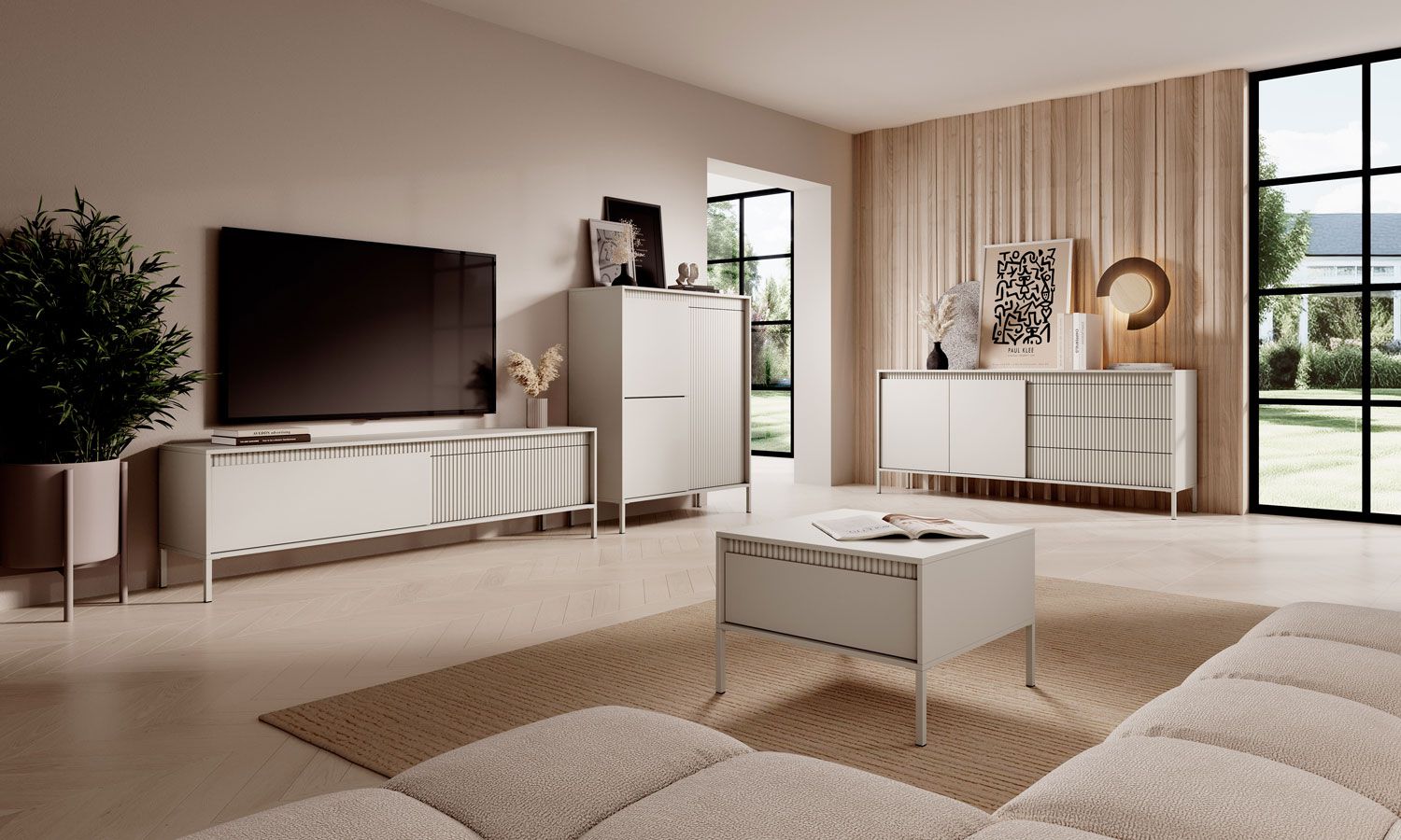 Stilvolles Wohnzimmer - Set B Balta, 4-teilig, Farbe: Beige, Push-to-open Funktion, ABS-Kantenschutz, Beine: Metall
