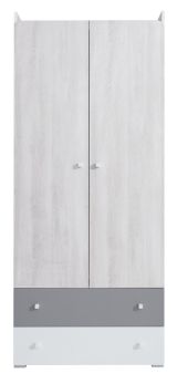 Jugendzimmer - Drehtürenschrank / Kleiderschrank Floreffe 03, Farbe: Weiß / Eiche weiß / Grau - Abmessungen: 190 x 80 x 50 cm (H x B x T)