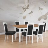 Esszimmer Komplett - Set X,  7 - teilig, großer Esszimmer Tisch  in Weiß/Eiche, modernes und einfaches Design, 6 stabile Holzstühle gepolstert