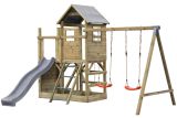 Spielturm S7B inkl. Wellenrutsche, Doppelschaukel-Anbau, Sandkasten, Kletterwand, Reckstange-Anbau und Strickleiter - Abmessungen: 490 x 380 cm (B x T)