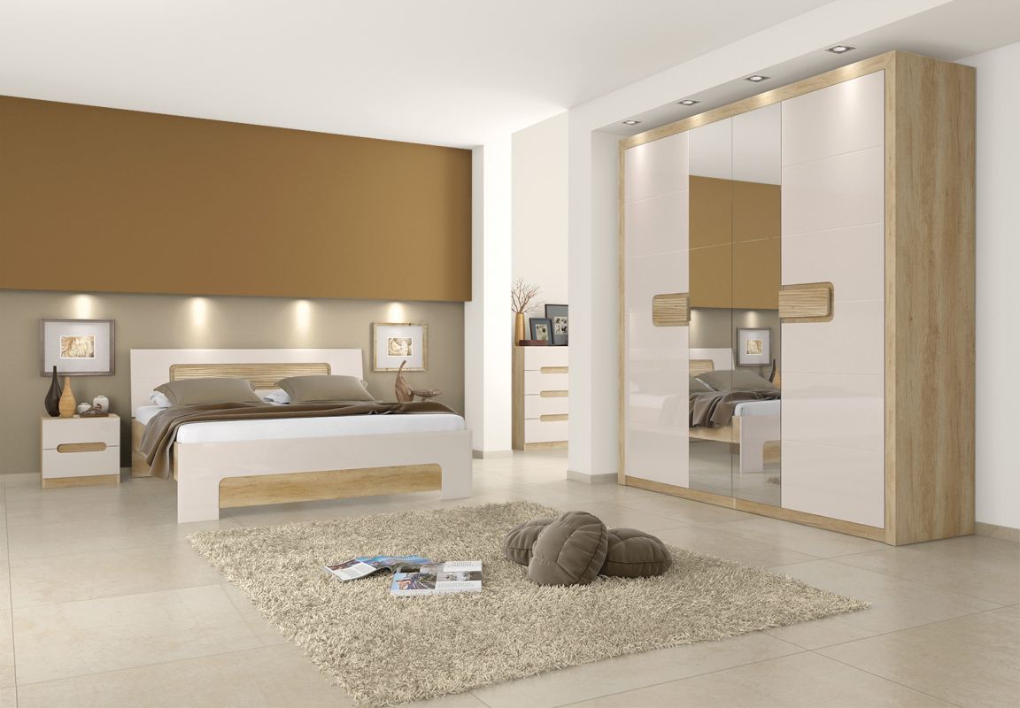 Schlafzimmer Komplett Set A Satalo 5 Teilig Farbe Eiche Braun Creme Hochglanz