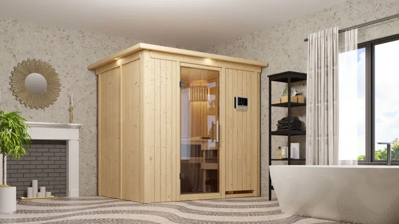 Sauna "Jarle" SET mit Klarglastür und Kranz - Farbe: Natur, Ofen externe Steuerung easy 3,6 kW - 210 x 165 x 202 cm (B x T x H)