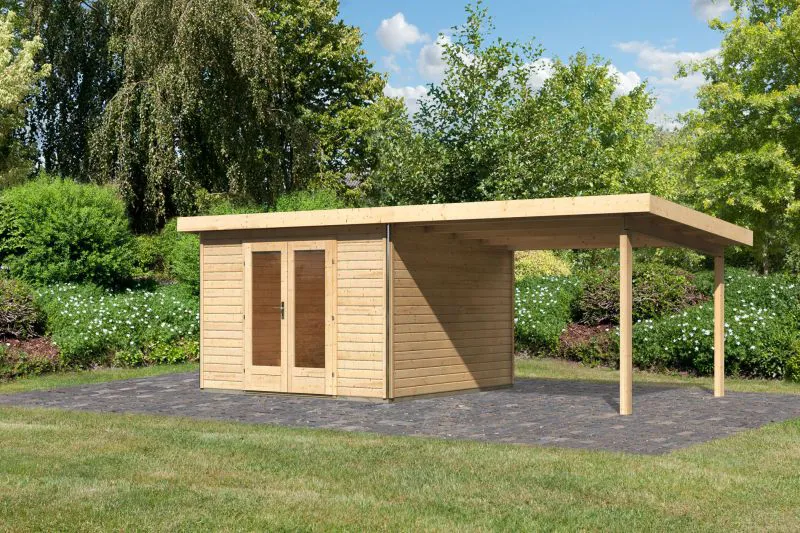 Gartenhaus SET naturbelassen mit Anbaudach 3,30 m, Grundfläche: 9,3m²