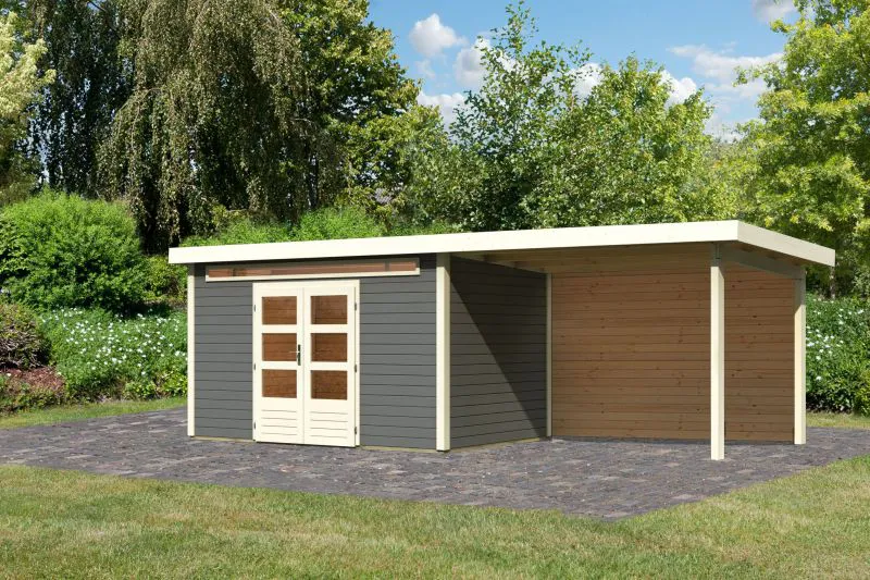 Gartenhaus SET terragrau mit Anbaudach 3,2 m Breite, Rückwand, Grundfläche: 8,6m²