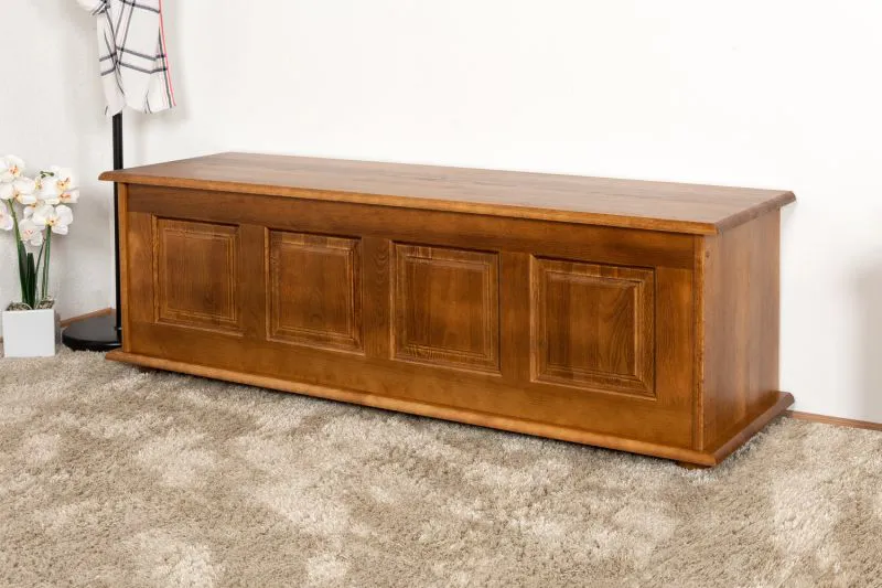 Sitzbank mit Stauraum Kiefer massiv Vollholz Eichefarben Rustikal 179 – Abmessungen: 50 x 154 x 46 cm (H x B x T)