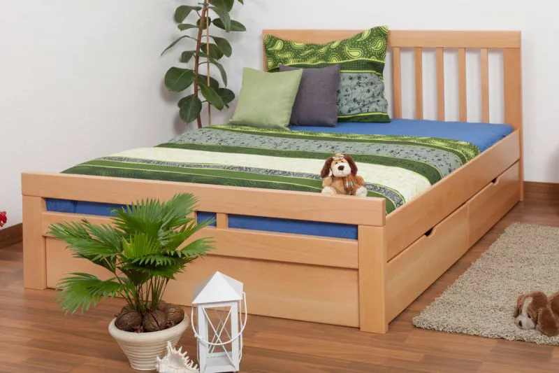 Doppelbett / Funktionsbett "Easy Premium Line" K8 inkl. 2 Schubladen und 1 Abdeckblende, 160 x 200 cm Buche Vollholz massiv Natur